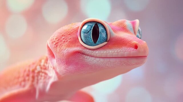 Close up of a pink gecko with striking blue eyes against soft background