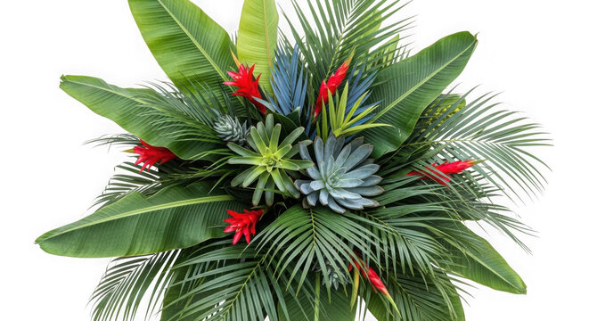 3d tropical floral arrangement with exotic plants isolated on transparent background