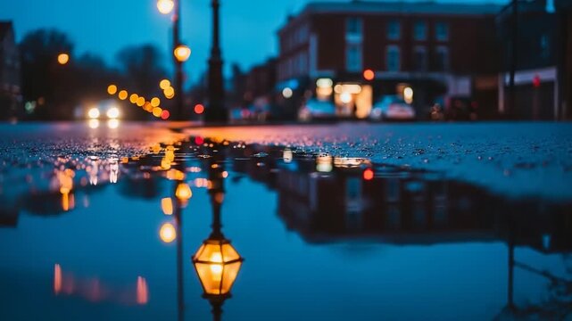 Flooded City Street at Night with Reflections.