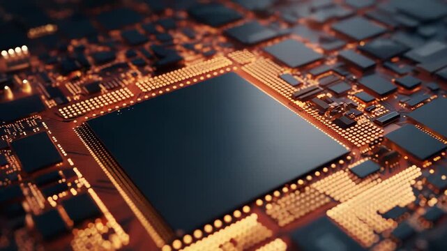 Central processing unit perched on an illuminated motherboard, intricate circuits and components interlinked to symbolize high tech computing, data processing, ai and network power