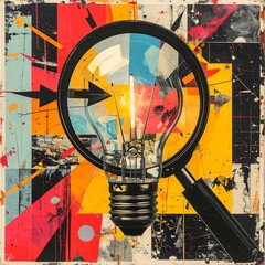 An abstract composition featuring a light bulb viewed through a magnifying glass against a vibrant, graphic background