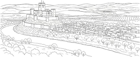 Fototapeta premium A walled medieval town nestled in a valley with a castle on a hill above
