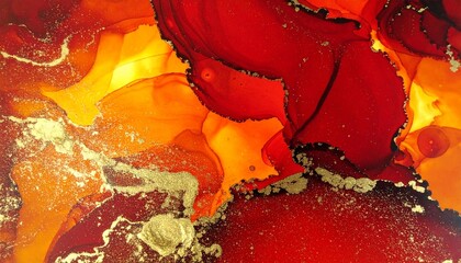 Fiery red orange and gold abstract fluid ink art