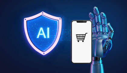 AI-Powered E-commerce Protection: A conceptual image of a futuristic concept, showing a robotic hand holding a smartphone with shopping cart icon on the screen, accompanied by an AI security shield