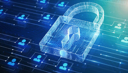 Digital padlock with human icons represent internet data protection, cybersecurity, and information safety