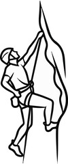 A stylized line drawing depicts a lone climber ascending a sheer rock face