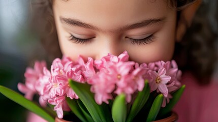 a child's face buried in a pot of intensely fragrant pink hyacinths, eyes closed in delight