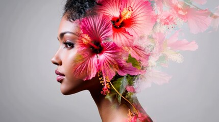 Naklejka premium A conceptual double exposure portrait where the profile of a thoughtful woman's face is subtly filled with the translucent image of a sprawling hibiscus