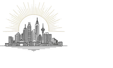 Fototapeta premium A stylized line drawing of a city skyline with a sunburst above