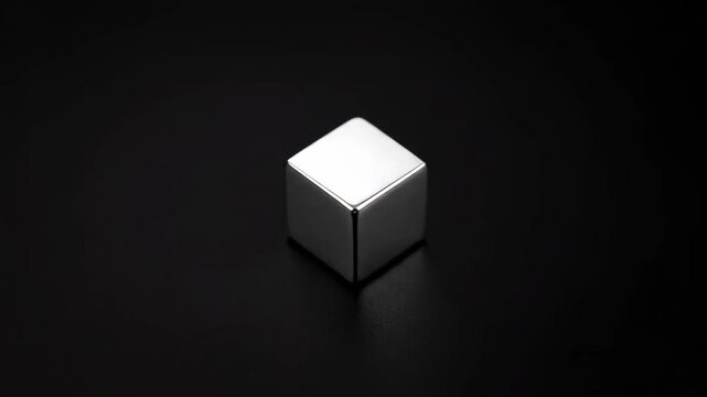A polished metal cube rotates slowly before coming to rest on a sleek black background, showcasing its reflective surfaces and sharp edges.