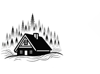 Fototapeta premium A stylized black and white illustration of a cabin nestled amongst pine trees with wavy lines below