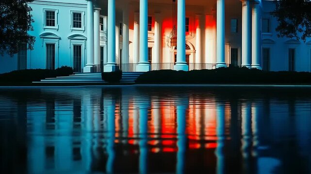 Iconic White House Facade Reflected in Water at Dusk.