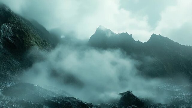 Rugged volcanic peaks pierce thick fog and low clouds, creating a dramatic, eerie highland landscape of jagged rock, desolate slopes and moody, mist shrouded atmosphere