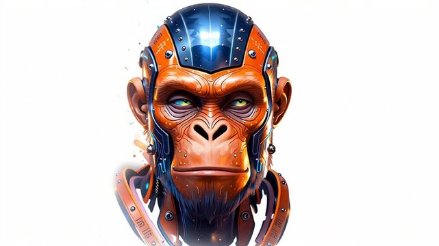 Digital art of futuristic ape head, intricate cybernetic implants, metallic, glowing blue lights, embodying advanced artificial intelligence