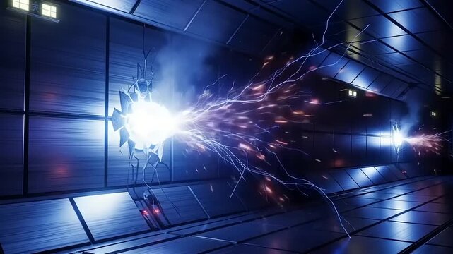 Futuristic Technology Energy Arc Sparks Flying in SciFi Corridor.