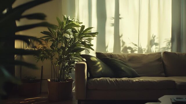 Living room interior featuring a comfortable couch with green pillows, an indoor plant, and soft sunlight creating plant shadows on white curtains, conveying a peaceful and welcoming home atmosphere