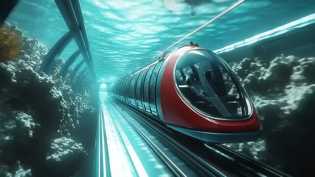 Futuristic underwater train travels through submerged tunnel with coral reefs.