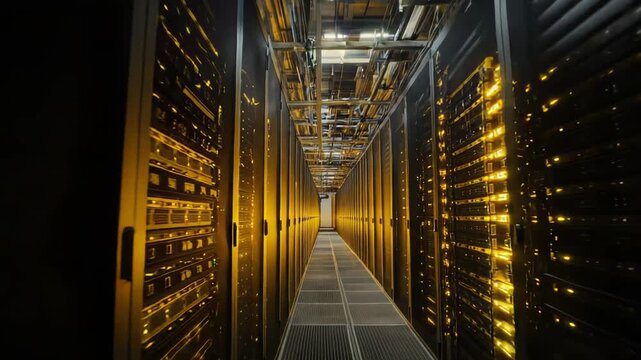 Server room corridor lined with black cabinets and glowing yellow indicator lights, highlighting the vast network infrastructure and high speed data processing capabilities