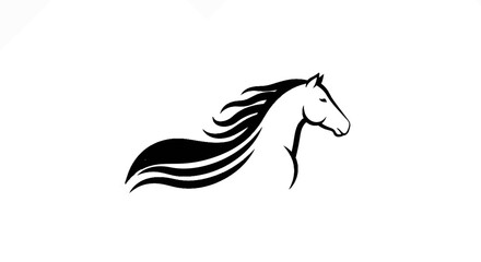A stylized black horse with flowing mane and tail against white