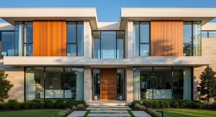 Fototapeta premium Modern luxury house exterior with large glass windows and wooden paneling.