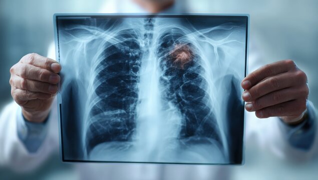 Doctor holding up a chest x ray image showing lungs and ribcage