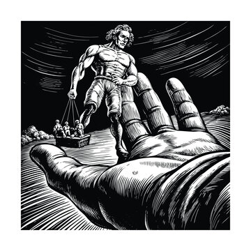 Giant hand gripping gulliver dramatic fantasy antique engraving vector illustration.