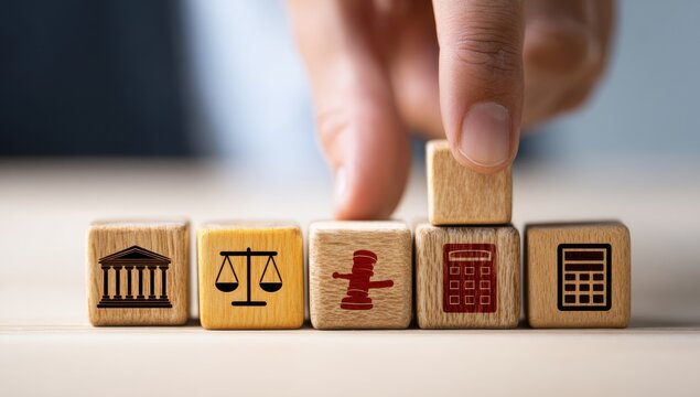 A hand stacking wooden blocks with legal and government symbols