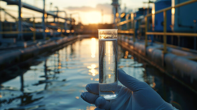 Tube of crystal clear water in hand of  latex-gloves laboratory assistant against backdrop of industrial landscape of wastewater treatment plants. Checking quality of water purification.