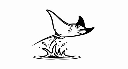 Naklejka premium Black and white drawing of a manta ray leaping from splashing water