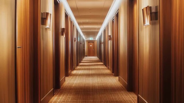 Luxury empty hotel hallway stretching into the distance with uniform wooden doors and soft lighting, creating a warm, inviting, and symmetrical indoor environment