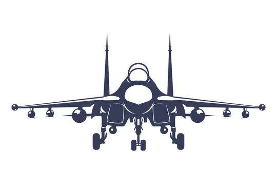 Front-facing silhouette modern aircraft SU 27. Black and white jet vector illustration in minimalist monochrome style. Russia modern combat aircraft.