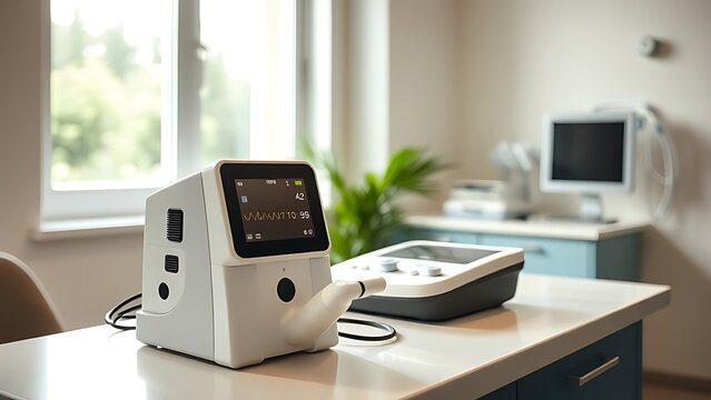 spirometer. Pulmonologist's office with a modern spirometer on counter, natural light, clinical setting. STEM education sheets.