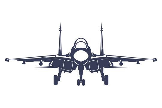 Front-facing silhouette modern aircraft SU 35. Black and white jet vector illustration in minimalist monochrome style. Russia modern combat aircraft.