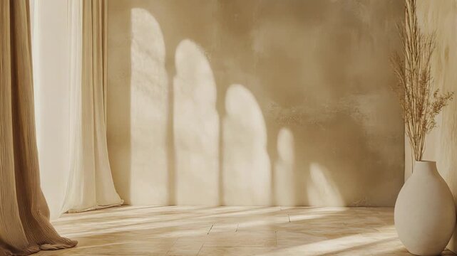 Earth toned interior room featuring long curtains, a floor vase holding pampas grass, and warm sunlight creating geometric shadows on the textured wall and floor