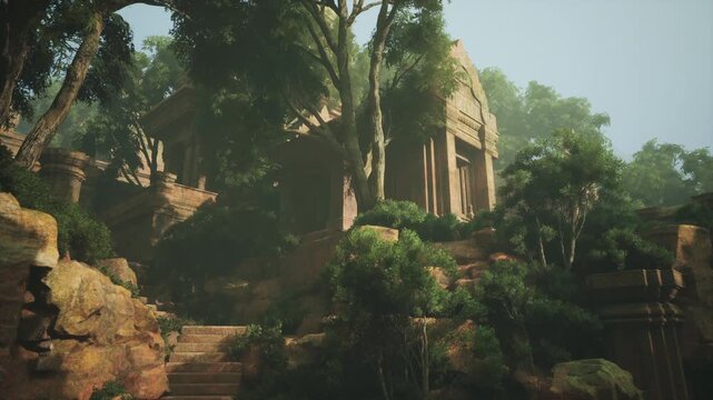 Sunlight filters through towering trees, illuminating the ruins of an ancient temple in Thailands dense jungle
