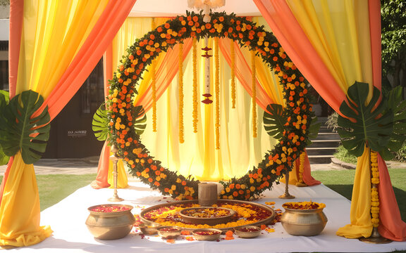 Vibrant Haldi Ceremony Decor with Marigold Floral Arch, Yellow and Orange Drapes, Tropical Green Leaves, Brass Pots and Urli Bowls with Rose Petals in Sunlit Festive Setting