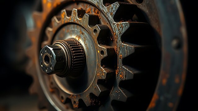 susceptibility. A rusted mechanical gear assembly with one jammed gear, metallic textures, industrial aesthetic. safety posters.