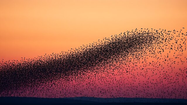 overfed. A murmuration of starlings transitioning from a dense cloud to scattered birds against a dusk sky. wildlife magazines, conservation campaigns, designed for eco-tourism storytelling.