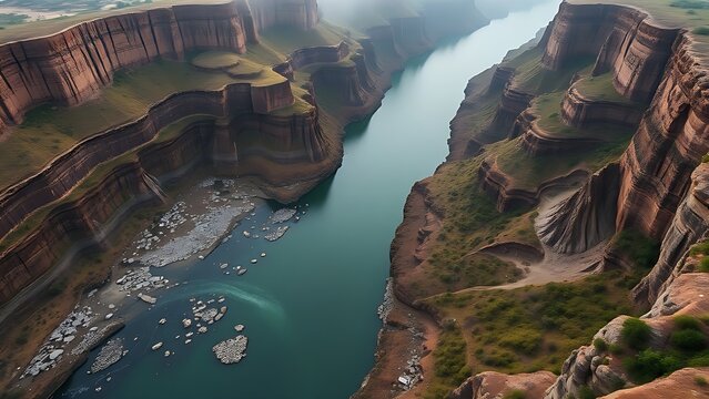 flocculation. Aerial view of small streams converging into a wide river in a canyon. travel magazines, destination branding, designed for outdoor magazines and nature guides.