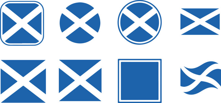 Set of scottish flag icons and symbols in various shapes