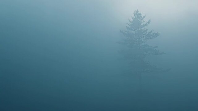 Pine tree silhouette emerging from heavy fog, creating a minimalist outdoor landscape with hues of blue, symbolizing solitude, mystery, and peace in nature