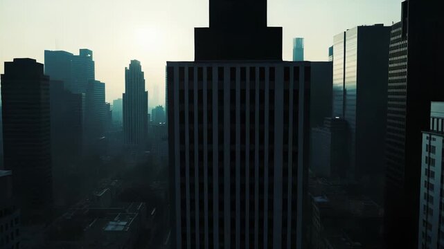 Urban skyline of modern skyscrapers fading into thick mist and haze, creating a moody, ethereal vanishing effect over a quiet, diffuse downtown cityscape