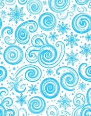 Cool blue pattern with swirls, snowflakes, and dots on a white background, suggesting winter or ice
