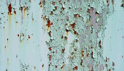 Pale turquoise wall with vertical rust stains and peeling