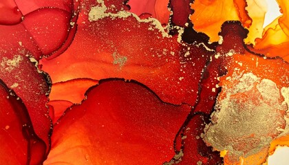 Red and orange abstract ink with gold glitter details
