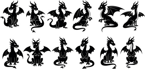 Collection of twelve cute black dragon silhouettes vector set for fantasy logo mascot and tattoo design isolated on white background. © BIPUL