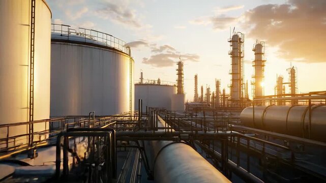 Industrial oil refinery with massive storage tanks, pipelines, and processing units operating at sunset, symbolizing global energy production and industrial infrastructure