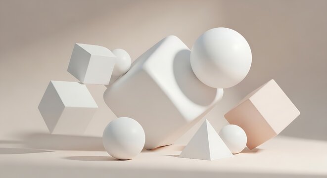 Minimalist composition featuring floating abstract white geometric shapes like spheres cubes and a pyramid in soft neutral lighting