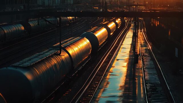 Cargo freight train rolling on parallel tracks at golden hour, tank wagons glinting on wet rails with warm reflections and motion blur conveying industrial transport and supply chain movement
