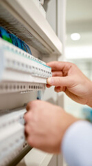 Electrician replacing electrical panel in apartment building. Professional technician installing circuit breaker box, residential electrical maintenance, safety upgrade, building renovation work.